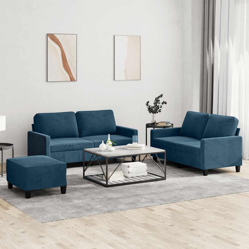 Divano 3 Pezzi Velluto Blu con Pouf | Struttura contropiastra e metallo, seduta imbottita, pouf multiuso, carico massimo 110 kg per sedile