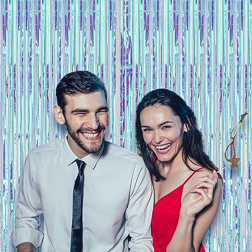 Image of Voircoloria 2 Pack 3.3x8.2 Feet Neon Iridescent Foil Fringe Backdrop Curtains, Tinsel Streamers Birthday Party Decorations, Fringe Backdrop for Graduation, Baby Shower, Gender Reveal, Disco Party