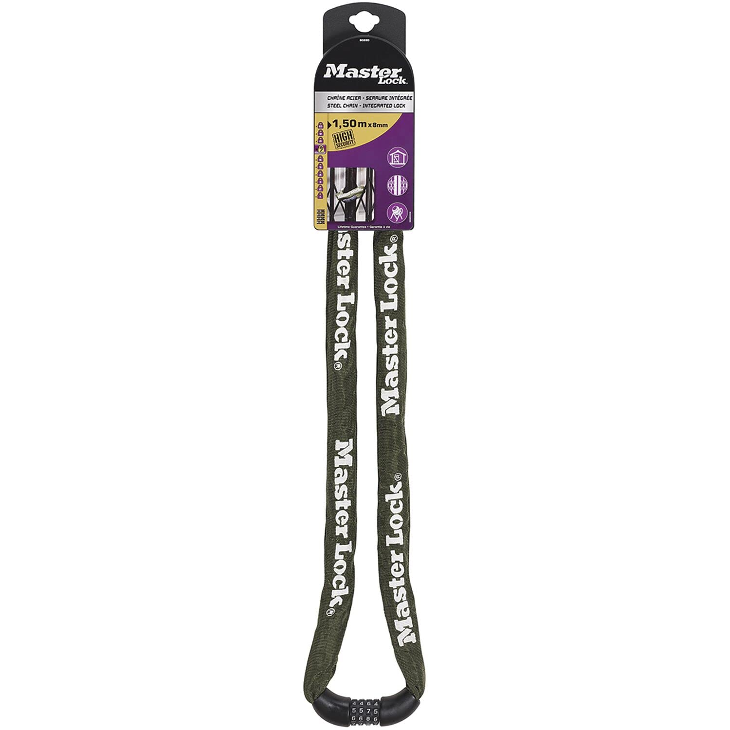 Master Lock Cadenas chaîne avec Gaine en nylon et serrure à Combinaison intégrée 1500 x 8 mm 8028EURD Vert