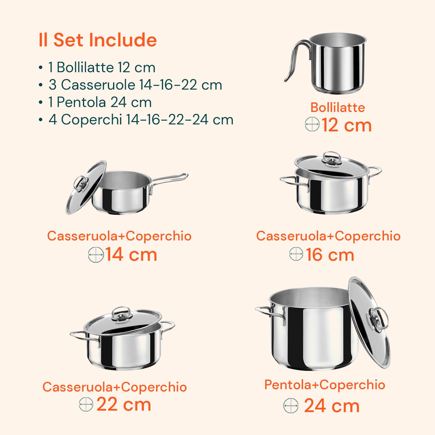 Avilia Batteria di 9 Pentole in Acciaio Inox - Set di Pentole con Casseruole e Coperchi in Vari Diametri, Adatti per Tutti i Piani Cottura