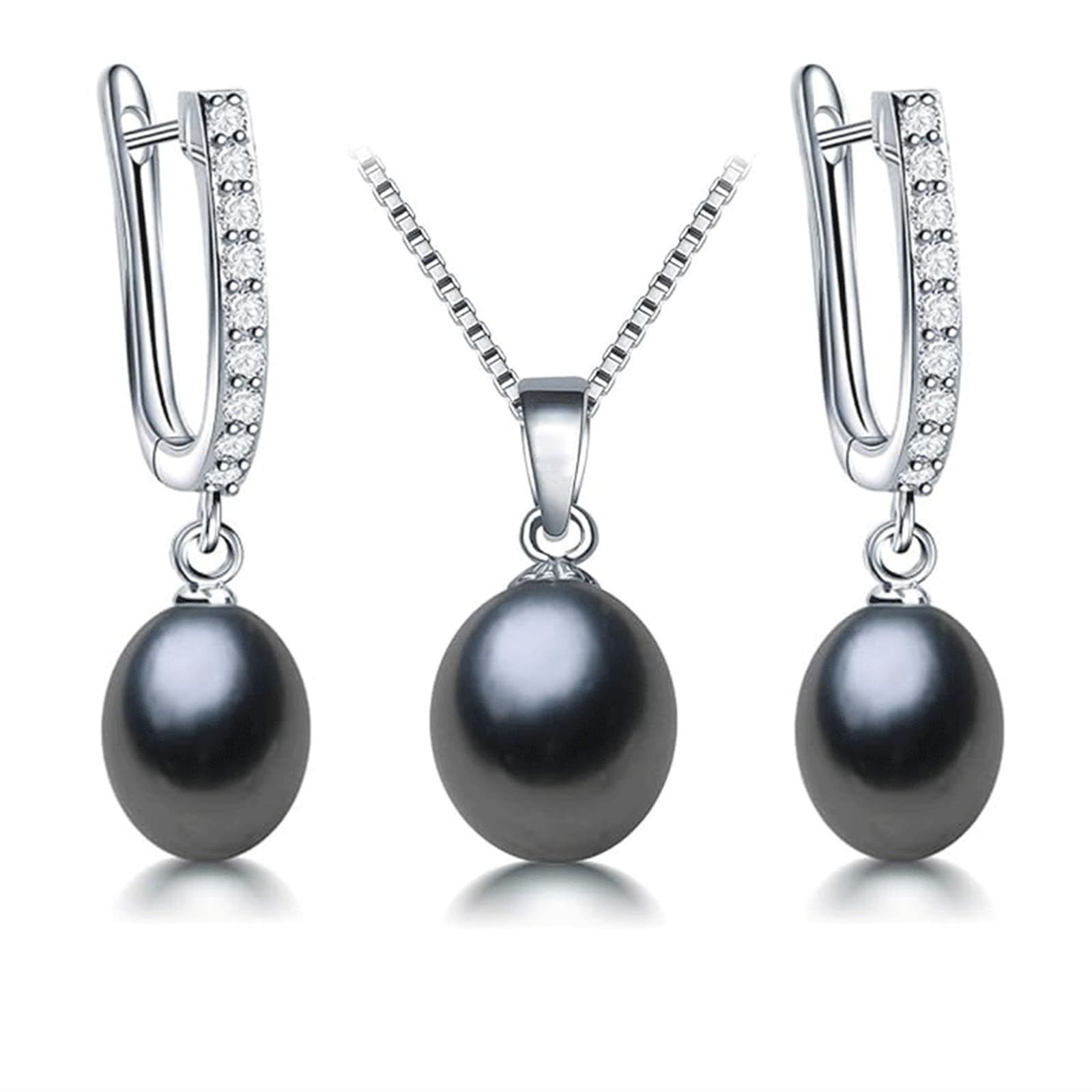 Pearl Jewelry Set For Women Pearl Pendant Necklace & Pearl Earrings with Sparkling Rhinestones 925 Sterling Silver Freshwater Pearl Drop Jewelry Set for Wedding Prom Gift