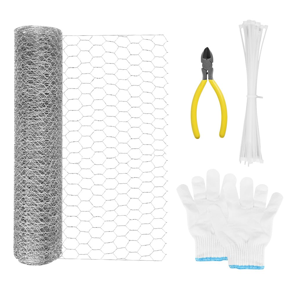 40 * 500cm Grillage à Poule Galvanisé Maille Hexagonal, Grillage à Poule Jardin Poulailler Durabie, Filet Poules Hexagonal avec Gants, Pinces, Liens pour Enclos d'Animaux, Jardins, Fermes