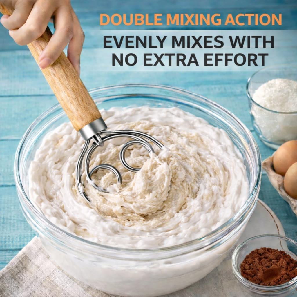 Batidor de masa danés para masa madre – Batidor holandés de acero inoxidable de 13 pulgadas para masa, herramienta de mezcla de pan para cocina y hornear