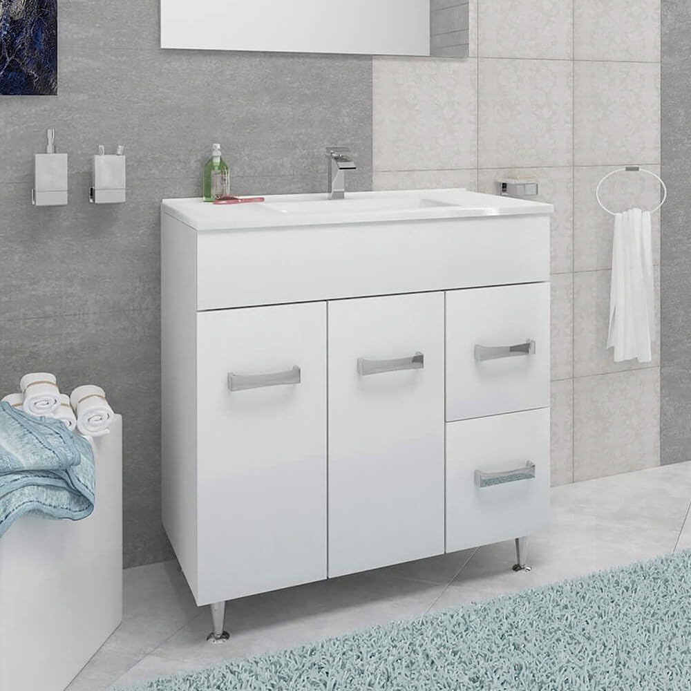 SANIVERRE Madrid Meuble Salle de Bain sur Pieds Simple Vasque Blanc Largeur 80 cm