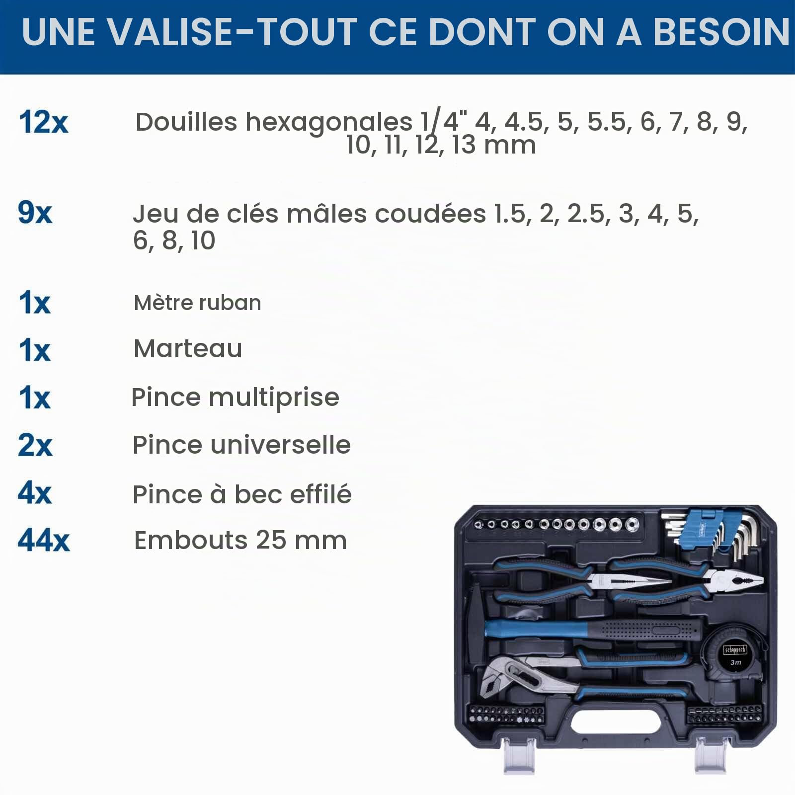 Scheppach Mallette à outils TB90 - Coffret d'outils de 88 pièces
