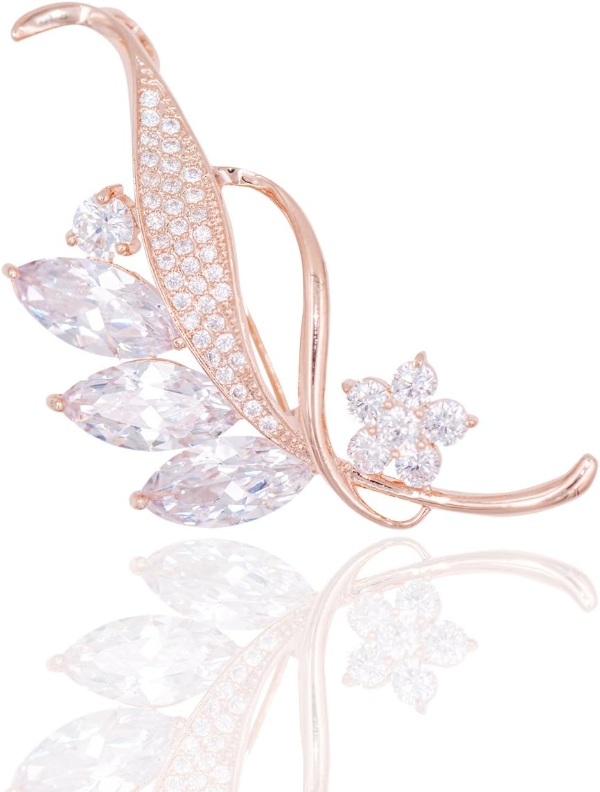 HanieSilver Brooch for Women, 18K Gold-Plated, White Cubic Zirconia, Floral Design, Wedding Dresses or Evening Wear