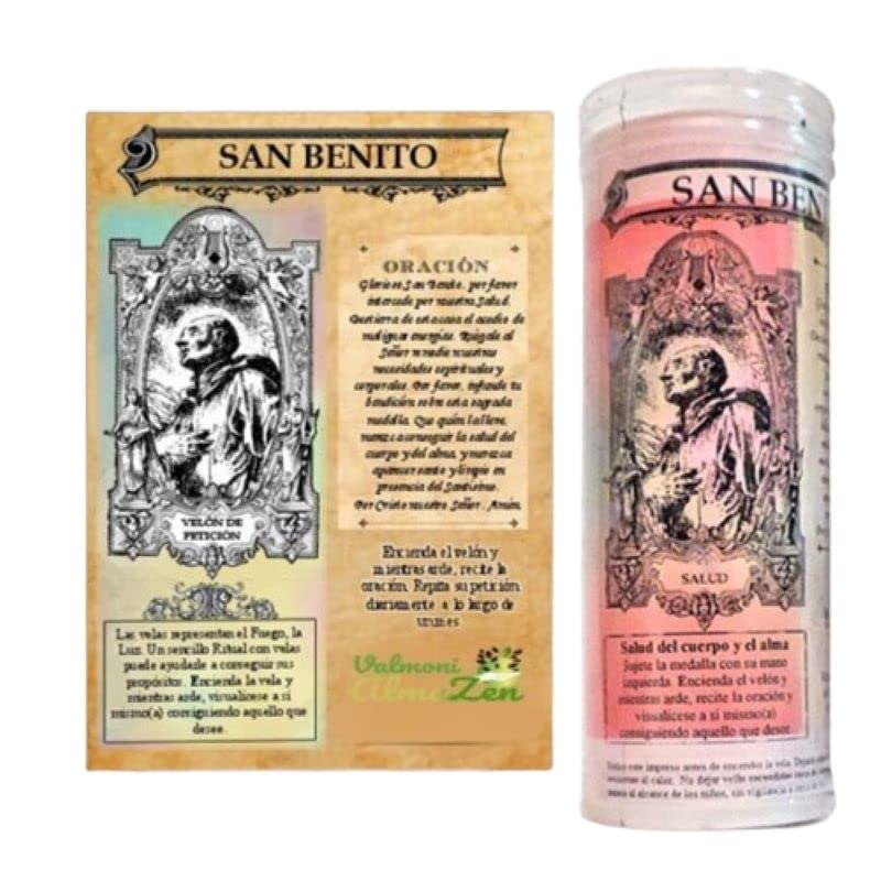 Velón San Benito con Medalla Ritual para Protección y Peticiones de Salud del Cuerpo y del Alma Vela contra el Mal de Ojo