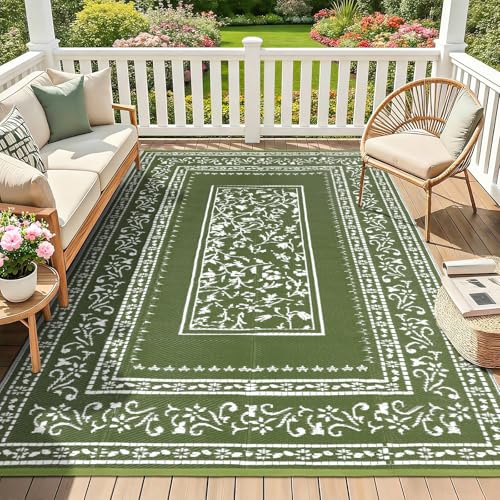 nesrt Patio Outdoor Rug 5x8 Ft Waterproof Reversible Plastic Straw Floral Rugs for RV Camping Picnic Portable Outside Balcony Carpet Mat for Deck Backyard Beach Porch (Dark Green)