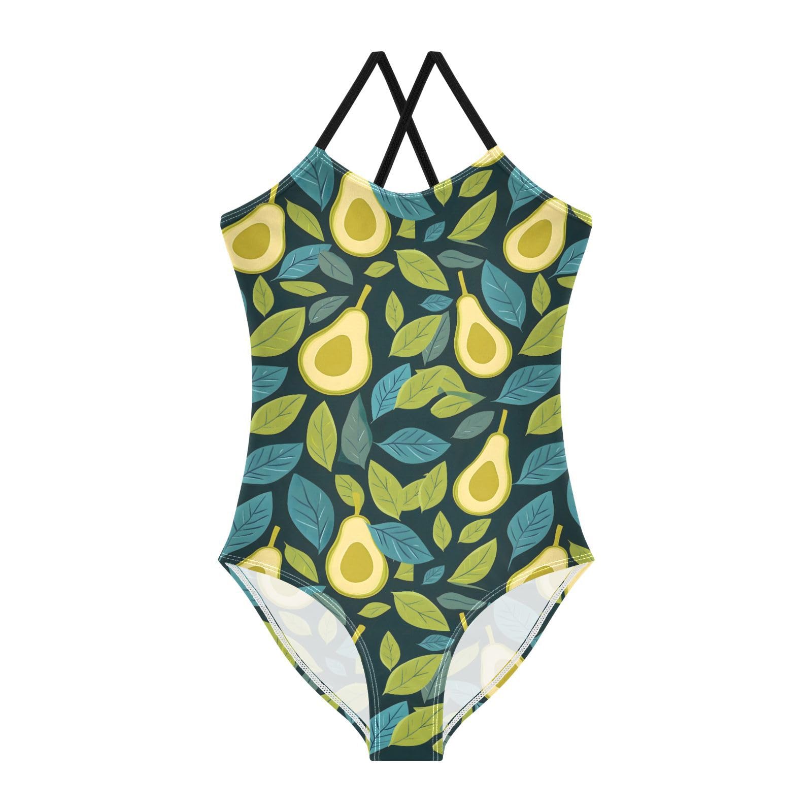 Avocado Green Leaves Girls Swimsuits Quick Dry Crossback One Piece Beach Swimwear Bathing Suit, 7-8T