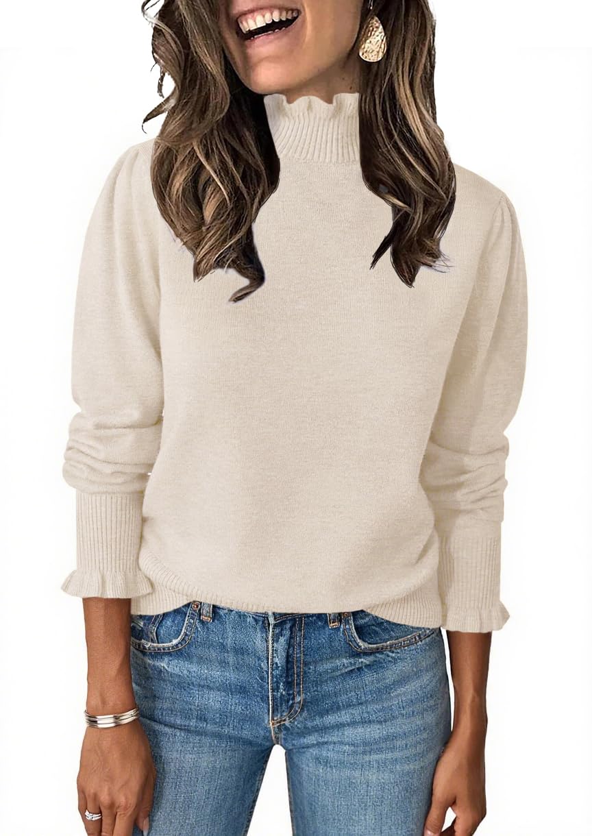 Womens Ruffle Mock Neck Sweater Casual Puff Long Sleeve Fall Knit Trendy Pullover Sweater Tops-image-39