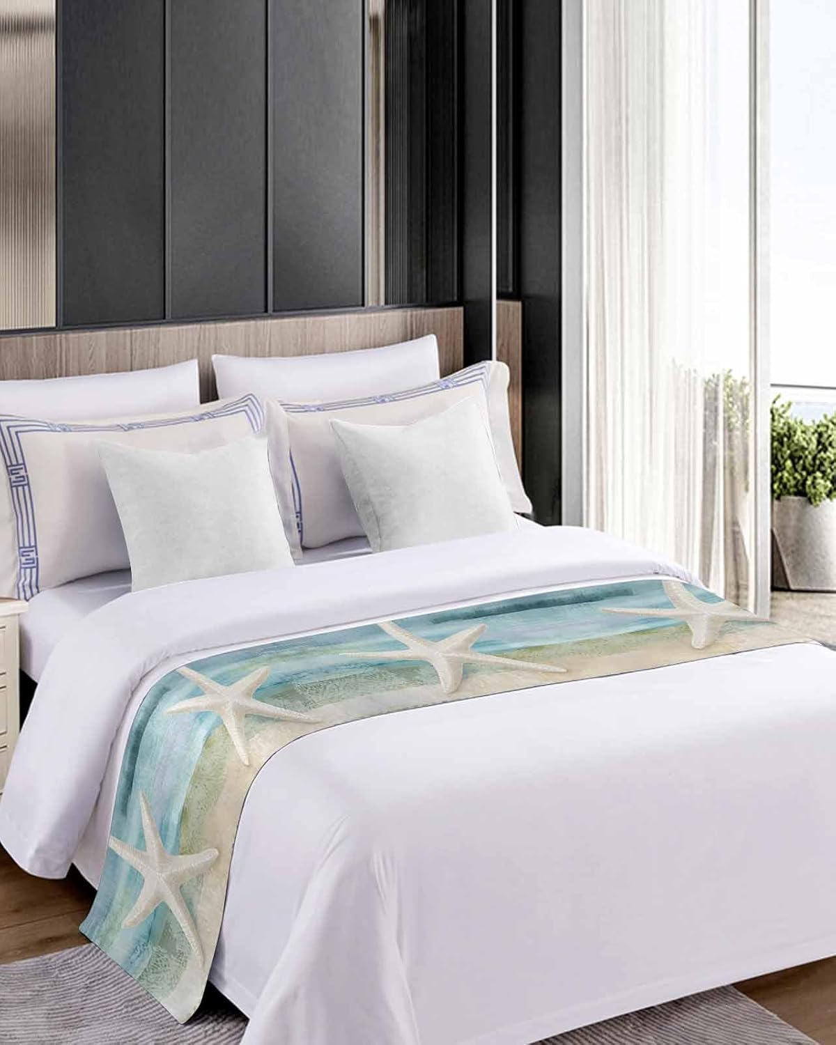 Bed Runner for King Size, Coastal Beach Decorative Scarf Throws for Foot of Bed, Summer Retro Starfish Wave Luxury Bedding Protector Slipcover Beds Runners for Hotel/Home, 94 x 20 Inch