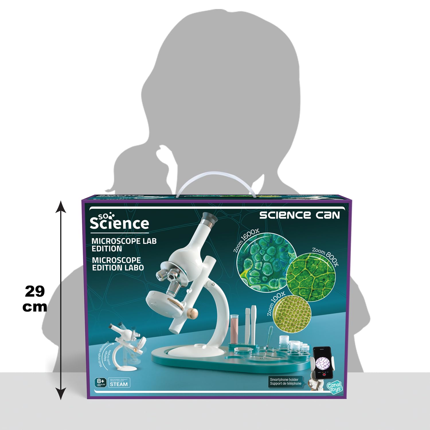 C Toys - So Science – Mikroskop für Kinder ab 8 Jahren – Zoom 100 x bis 1600 x – Smartphone-Halterung – 12 Klingen und Zubehör – Lern- und Wissenschaftliches STEM-Set – FR/EN – COS 004FR