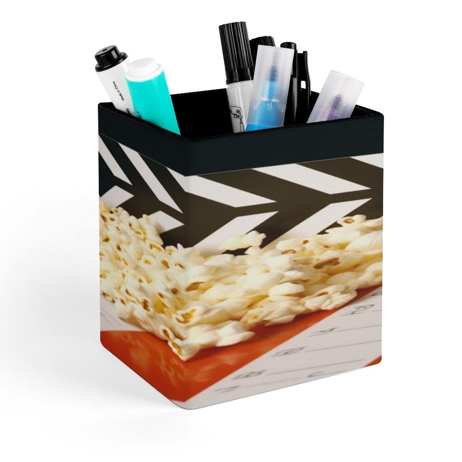 LZQPOEAS Cinema Clapboard And Popcorn Square Pen Pencil Holder PU Leather Pencil Cup Desktop Stationery Organizer Office Accessories Container