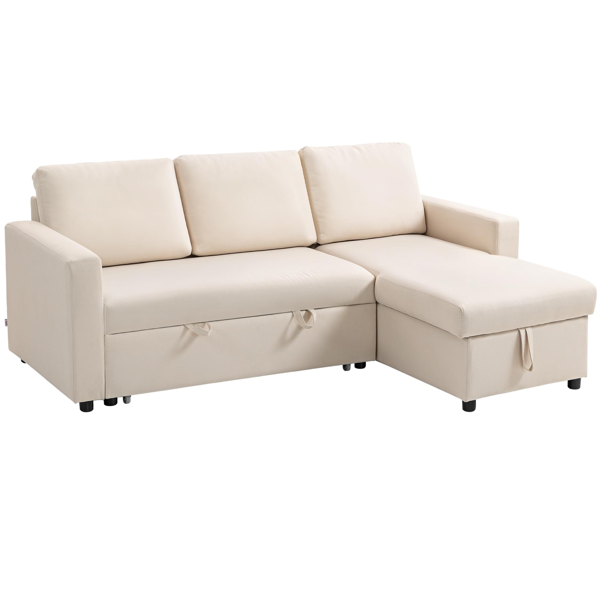 HOMCOM Divano ad angolo Convertibile divano letto 3 posti modulabile con chaise longue reversibile, contenitore integrato e 3 cuscini per lo schienale, tessuto effetto lino, color crema