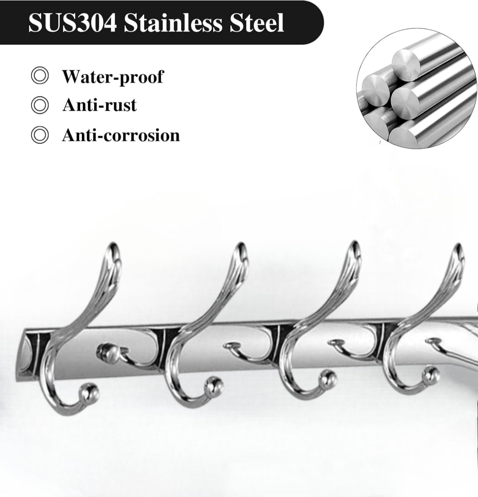 Excellent t Stainless Steel 12Pin Bathroom Cloth Hanger Door Wall Robe Hooks Rail for Hanging Keys, Clothes, Towel (40 Cms) (6 Pin Silver, Pack of 3) 3