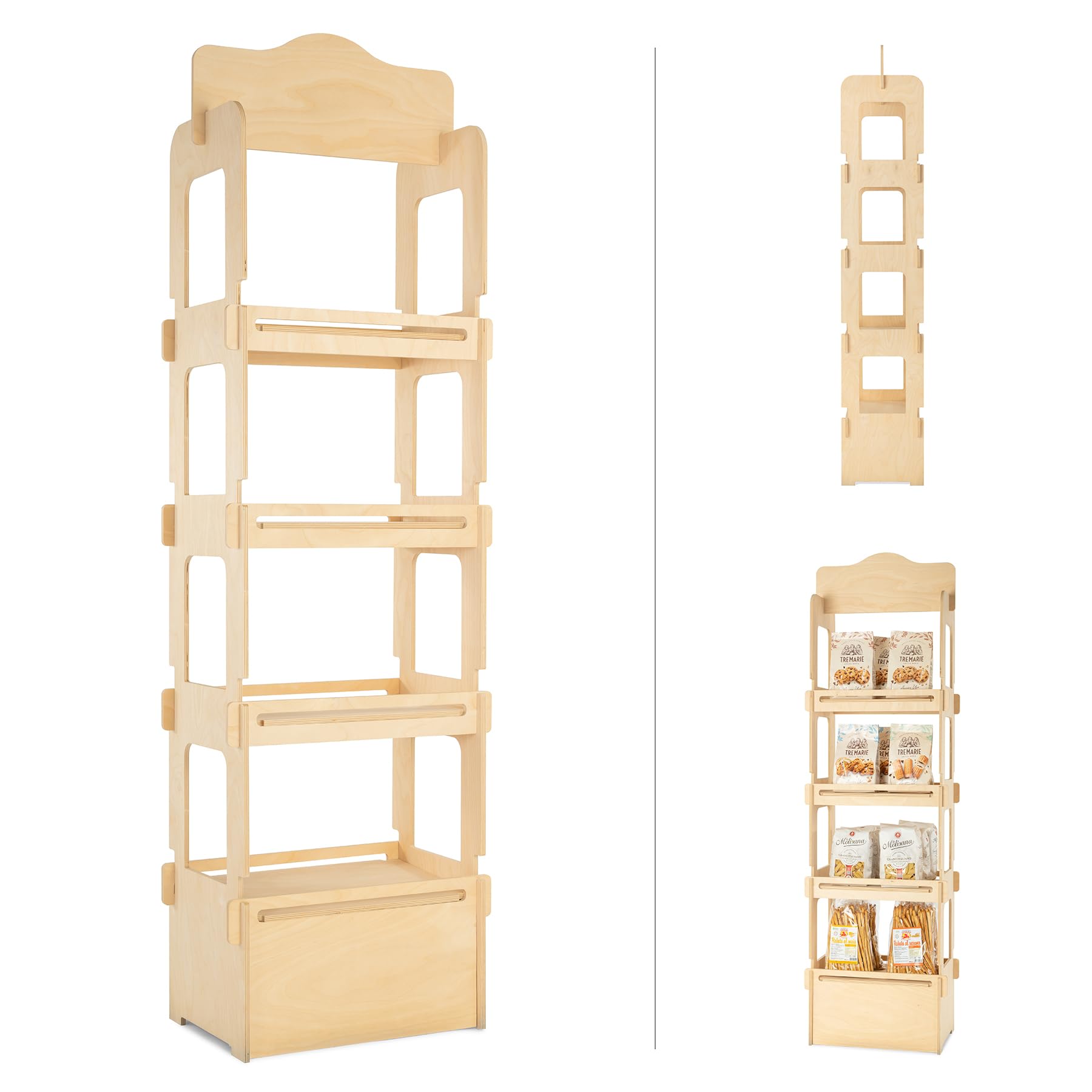Présentoir de Sol, en Bois, Montage Simple à emboîter, 4 étagères, Naturel et Durable, H. 163 cm (Largeur 46 cm)