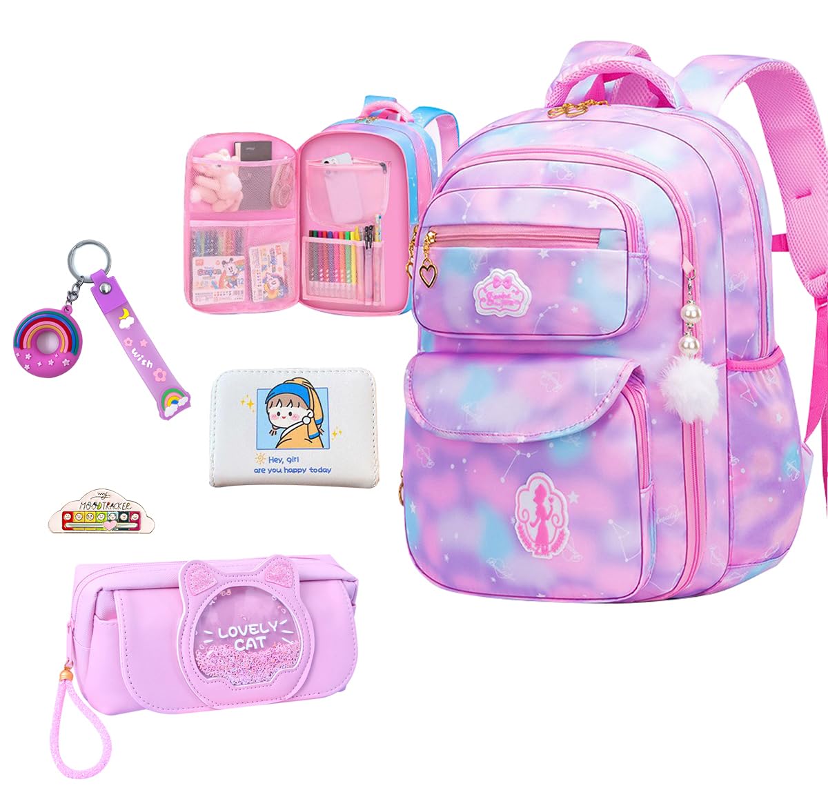 5Pcs Backpacks for Girls Purple Kids School Bag for Girls Laptop Bag Shoulders Bookbag for Students Teen Kids