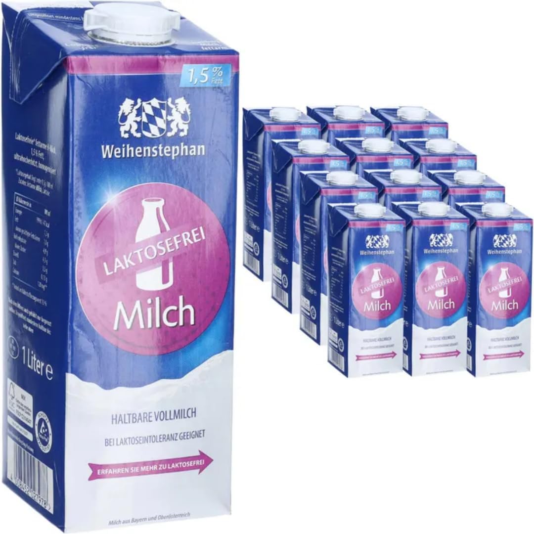 Milch Weihenstephan fettarme H-Milch 1,5% Fett laktosefrei, je 1 Liter, 60 Stück mit Pufai Grocery
