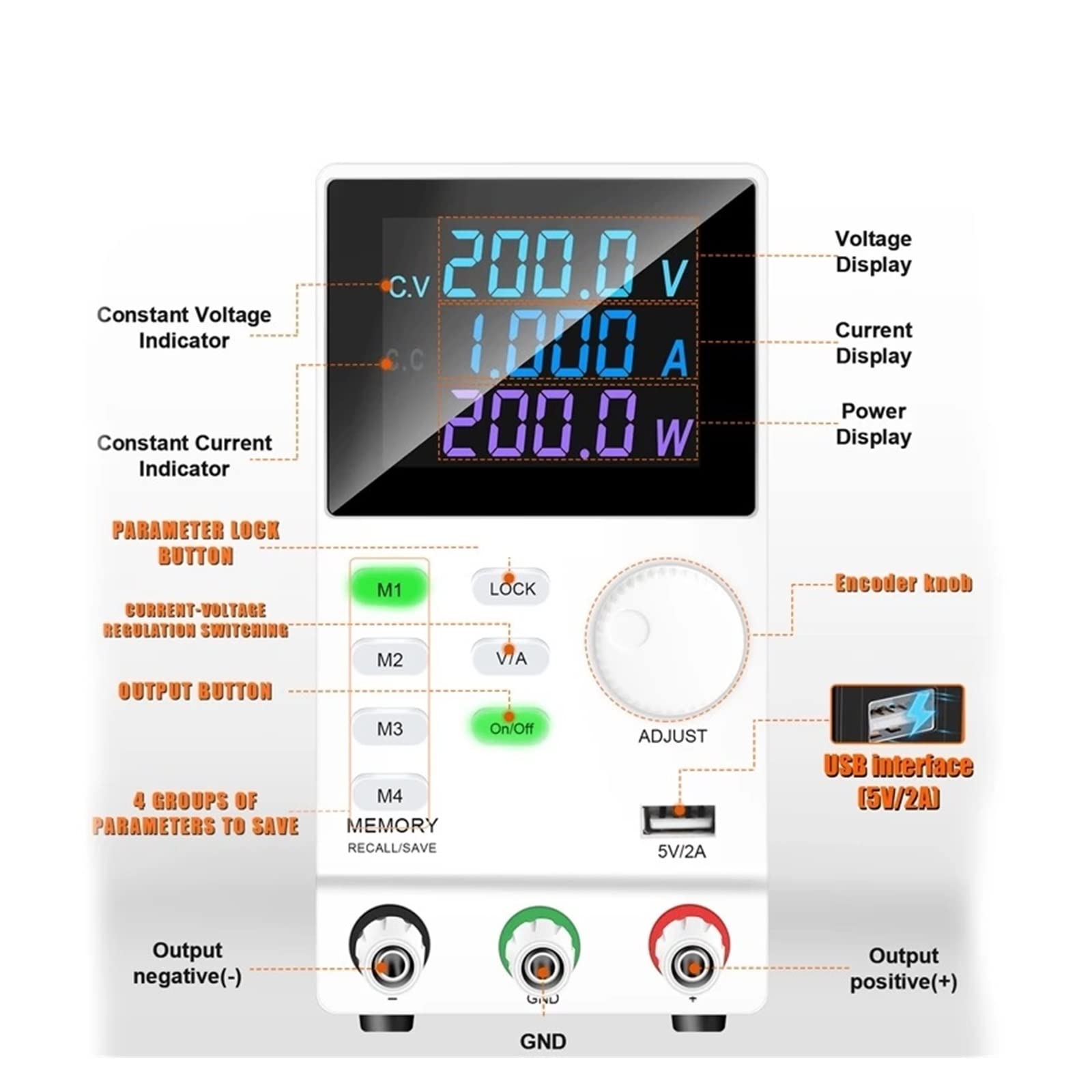 Régulateur de tension d'alimentation banc cc 200V 1A interrupteur régulateur d'affichage à LED Variable stabilisé réglable Sécurité des utilisateurs(SPPS2001D -black)