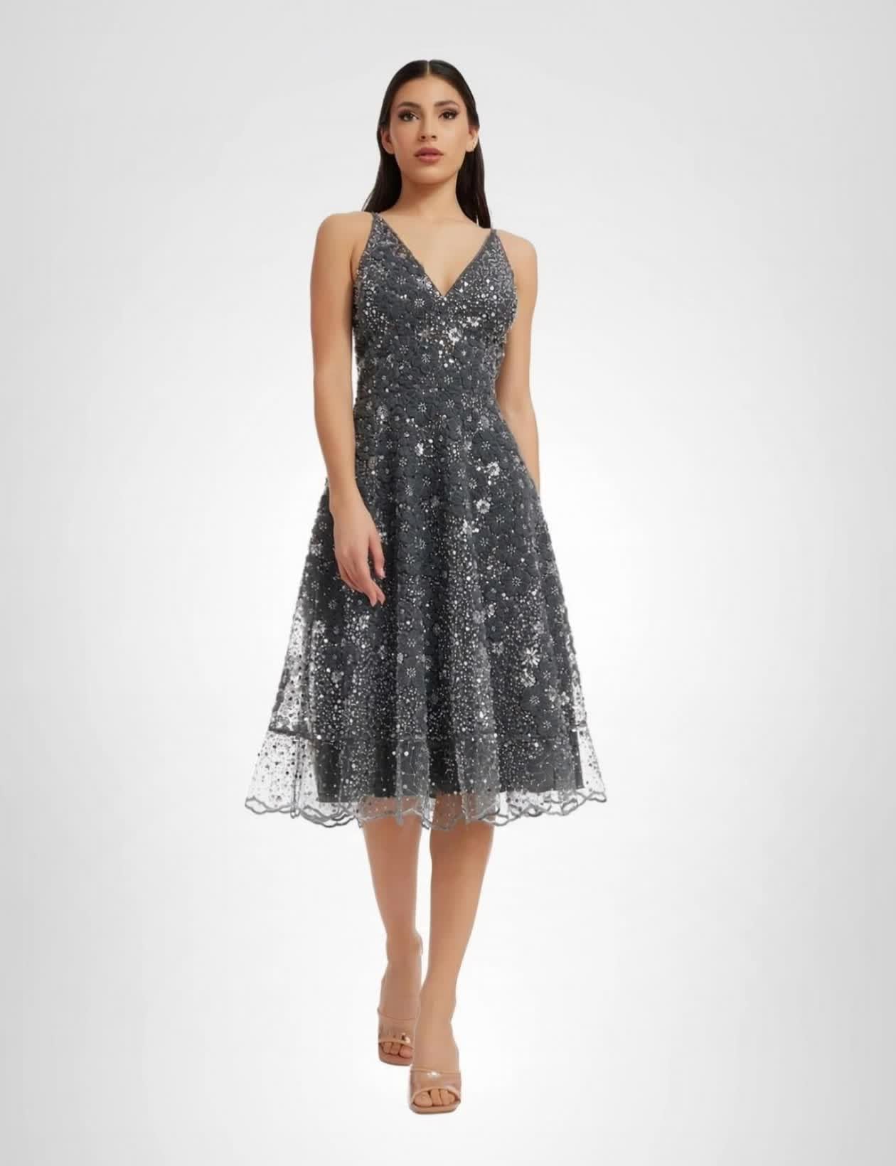 Dress the Population Women's Elisa Sleeveless Plunge Neckline Fit and Flare Midi Dress: XX-Large Steel