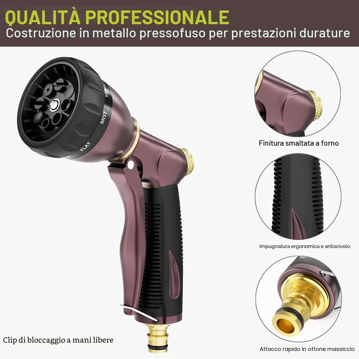 FANHAO Pistola da Giardino in 100% Metallo con 8 Modalità di Getto Regolabili, Pistola Irrigazione ad alta pressione con Impugnatura Antiscivolo per Innaffiare Piante e Prati, Lavare auto - Bronzo