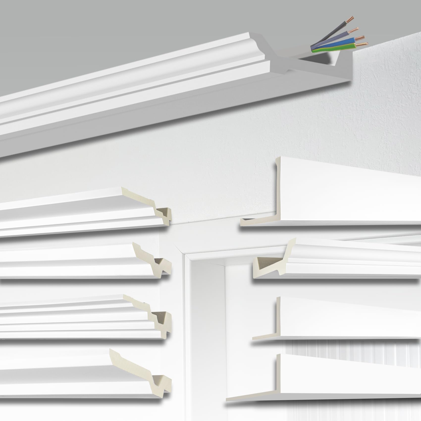 HEXIM Moulure cacher câbles 155x45mm Corniche blanc Mousse PU, Guidage de câbles Câble de rallonge Protection de câbles Baguette (AB179, 2 mètres)