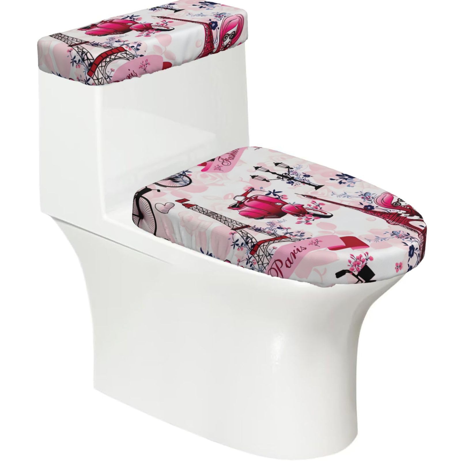 Paris Eiffel Tower France Printed Toilet Tank and Lid Cover Set of 2 for Most Bathrooms, Fits Elongated Round Toilets