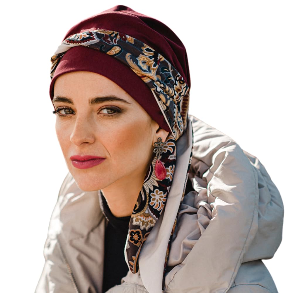 Carebell Women's Burgundy Combined Cashmere Print Cancer Scarf For Chemotherapy/Smooth Model/Bordeaux Paisley Design/Protection For Alopecia/Ideal For Patients With Hair Loss/Handmade In Spain