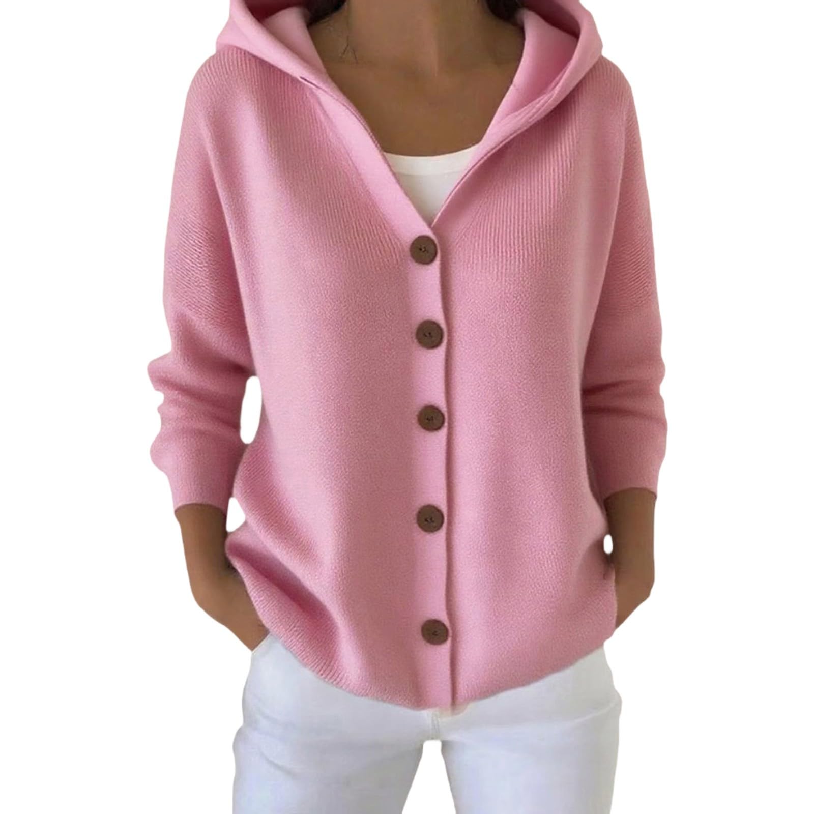 Heevina Sweaters for Women Button Up Hoodie Cardigan Solid Color Ribbed Hooded Warm Outerwear Winter Jumpers Sweater