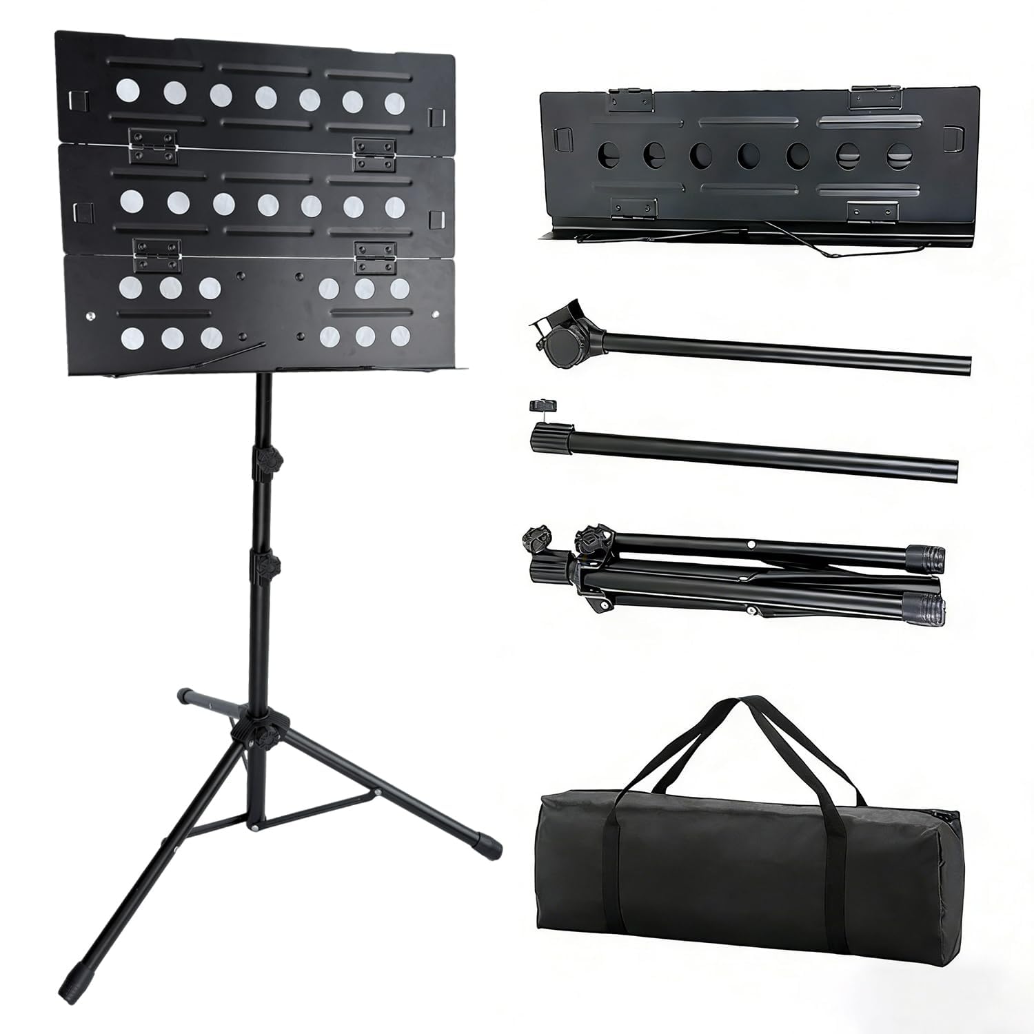 Pupitre de partition professionnel pliable robuste en métal avec plateau perforé, réglable en hauteur et pliable, avec sac de transport, idéal pour les spectacles de groupe et les répétitions