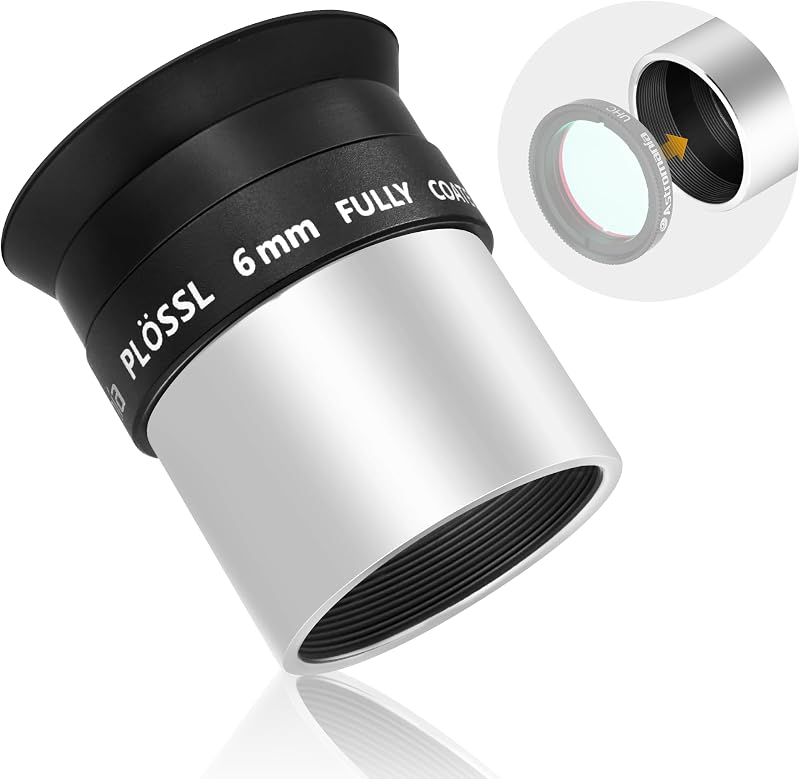Ocular del telescopio Astromania Lente del telescopio del ocular Plossl de 1,25 pulgadas 6 mm | Visualización de campo amplio de 50°, Plossl de 4 elementos FMC, filtro roscado para astronomía visual, para observar cúmulos de estrellas, nebulosas lunares
