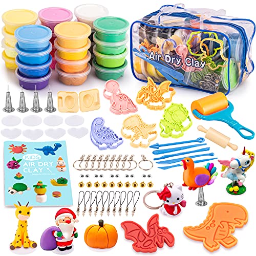 Air Dry Clay for Kids, 106PCS Modeling Clay Kit - 24 Colors Soft & Stretchy DIY Molding Clay with Dinosaur Molds and Clay Accessories, Storage Bag Crafts for Kids Age 3-12 Year Old Gift (24Colors)
