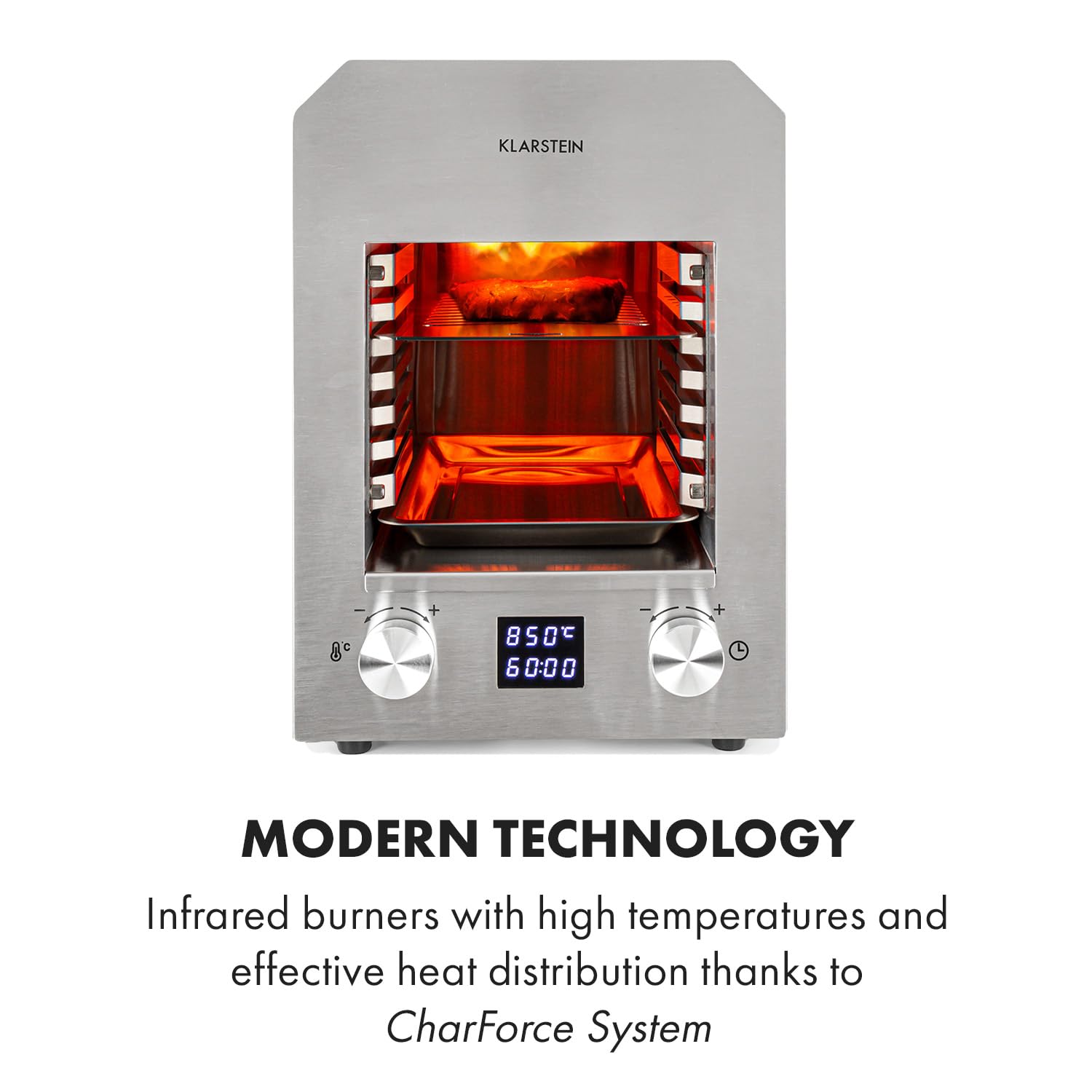 Klarstein Hannibal - Parrilla alta temperatura interior, Potencia: 2.200 W, Temperatura: 200-850 °C, Elemento infrarrojo, CharForce System, Superficie: 18,5 x 30 cm, Display LED, Temporizador, plata