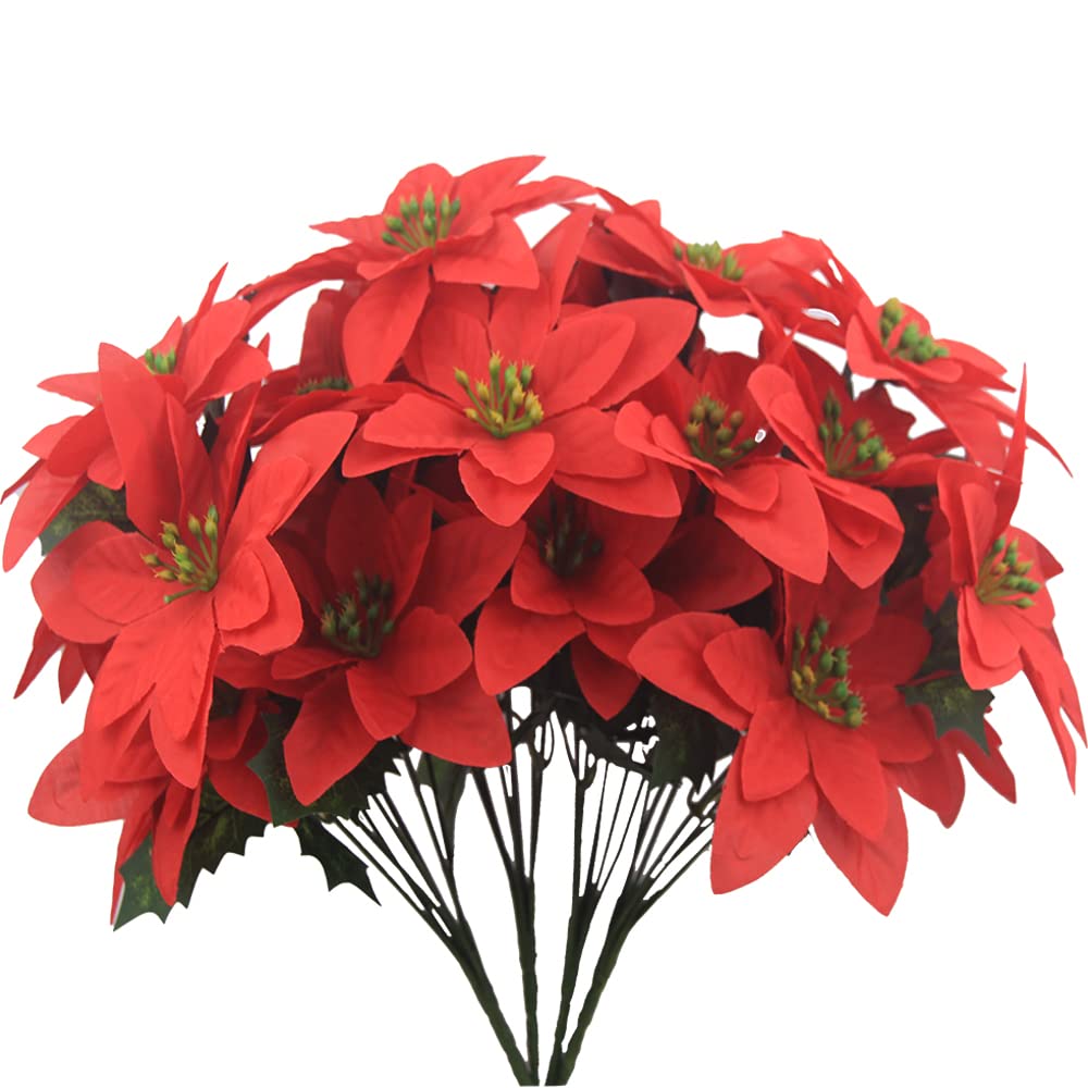 4 Bouquet Di Stella Di Natale Artificiale Rossa - 7 Steli Ognuno, Fiori In Stoffa Seta Con Stami Brillanti, Per Decorazioni Natalizie E Centrotavola - 5