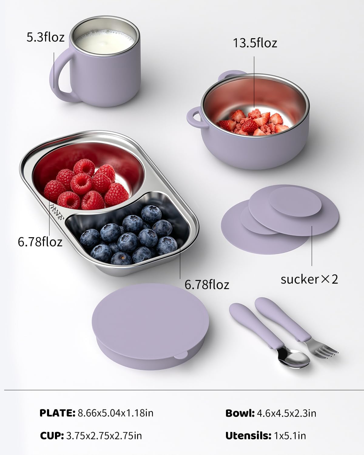 Bakpoco Stainless Steel Baby Feeding Set with Detachable Suction Base, Toddler Plates, Bowl, Cup & Kids Utensils, Grow-With-Baby Feeding Essentials for Self Feeding, Toddler Dinnerware Snack, Lilac