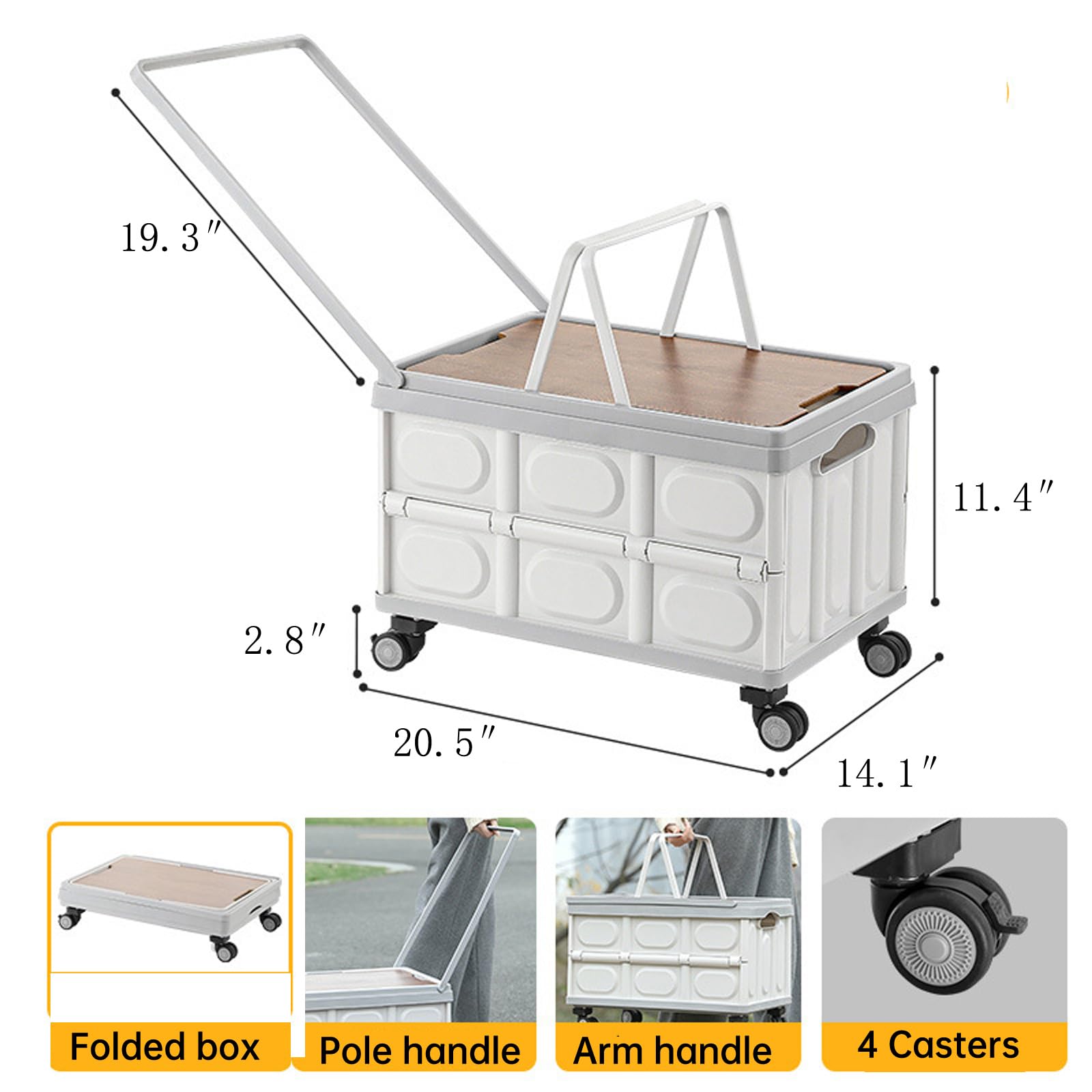 Caja de plástico plegable con ruedas, caja de almacenamiento plegable para comestibles, camping y compras, maletero de plástico duro con ruedas