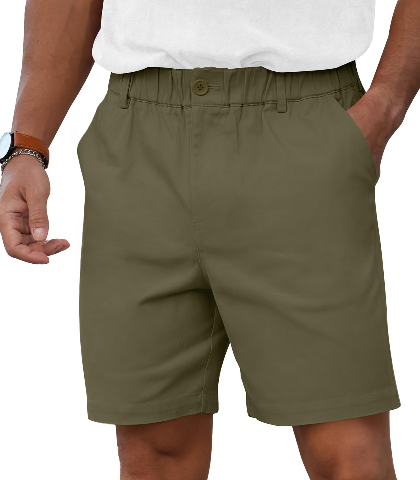 RQP Men's Cotton Casual Shorts Classic-fit 7" Chino Shorts Elastic Waist