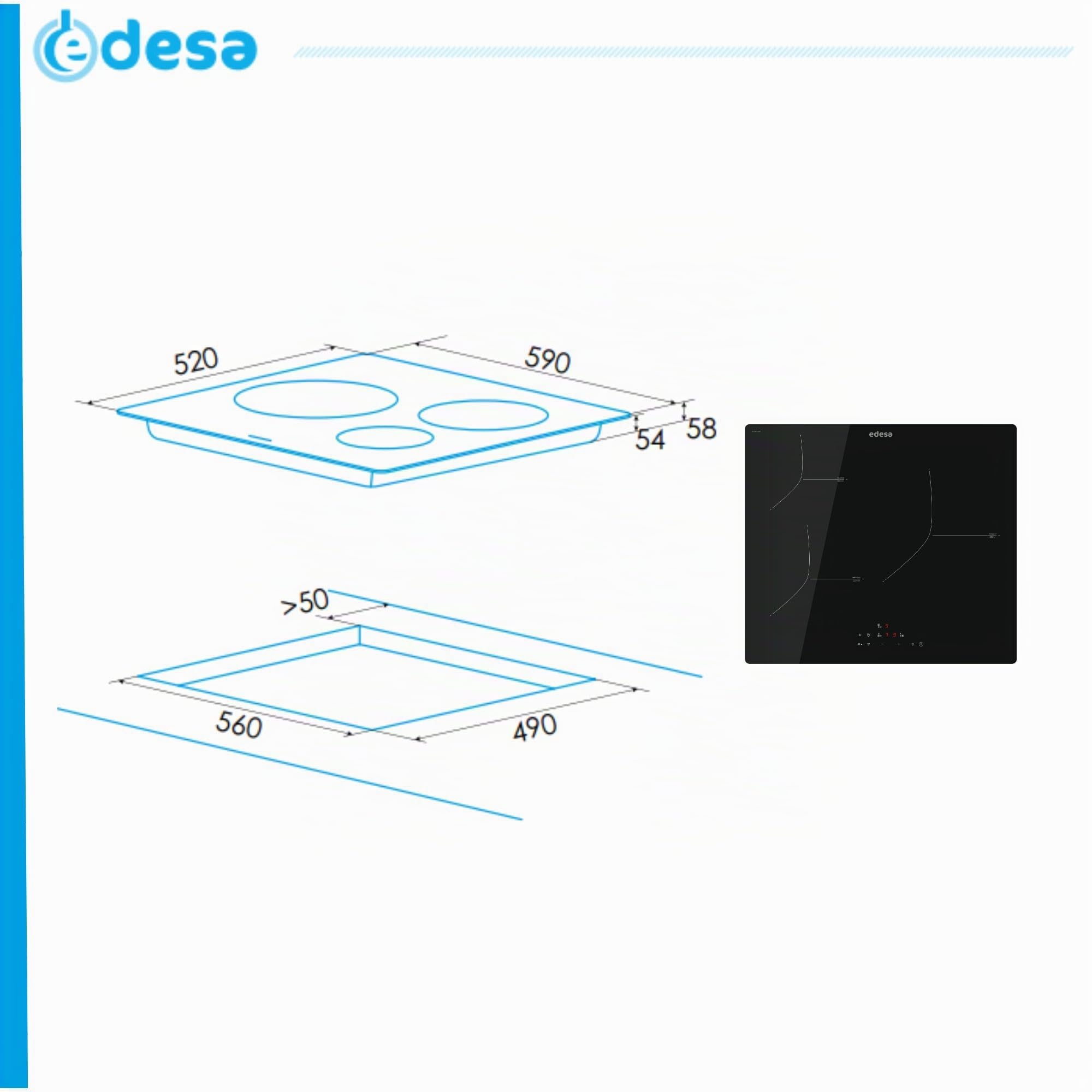 EDESA Placa Inducción EIT-6328 R, 3 Áreas Cocción, Control Táctil, 9 Niveles y Booster, Potencia Regulable, Bloqueo Seguridad, Temporizador, Función Stop & Go, Potencia Máxima 7kW, Color Negro