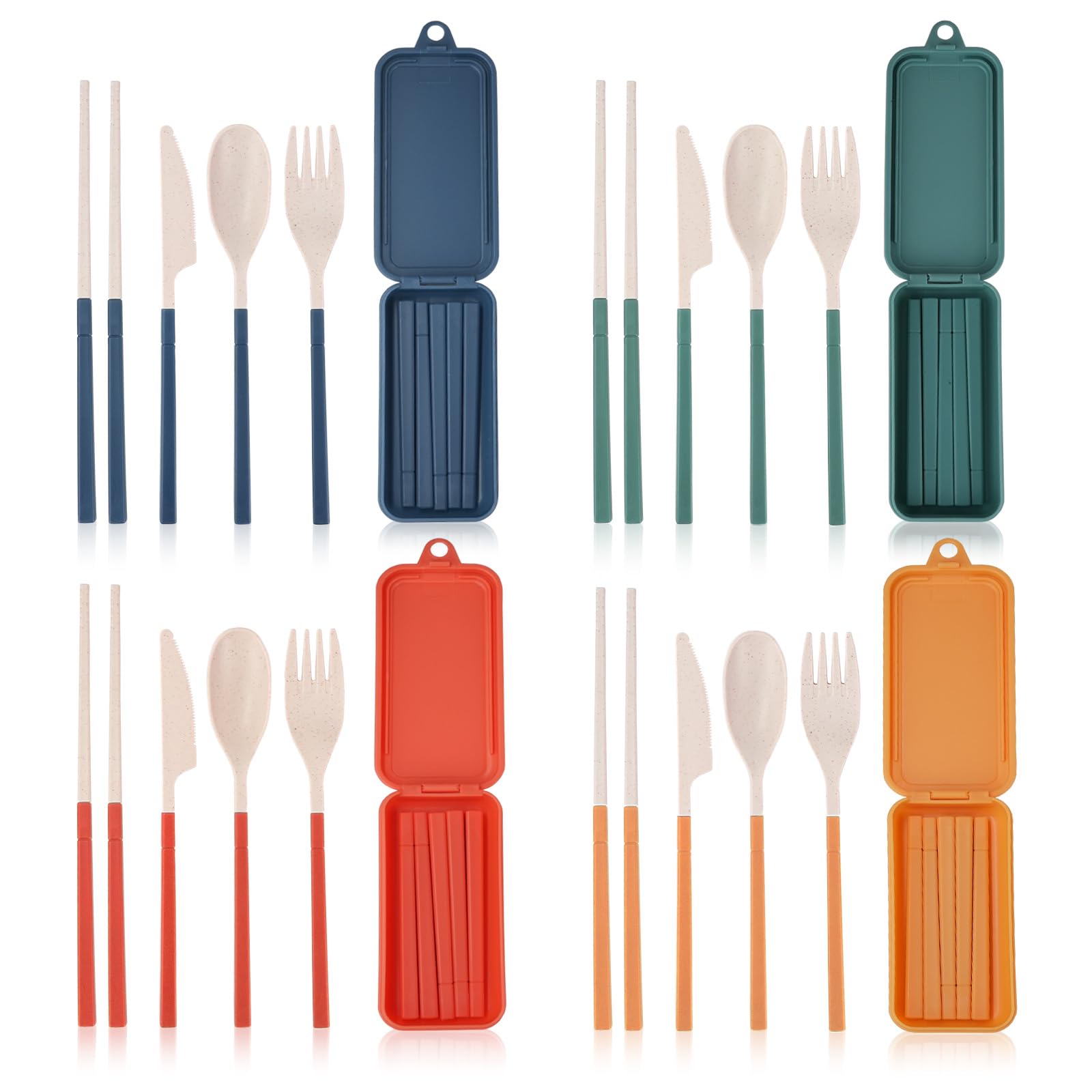 Honatrv 4 Di Set Di Posate Da Viaggio Con Astuccio,Posate Plastica Riutilizzabili,Coltelli, Forchette, Cucchiai, Posate Da Campeggio Portatili Per Viaggi, Picnic