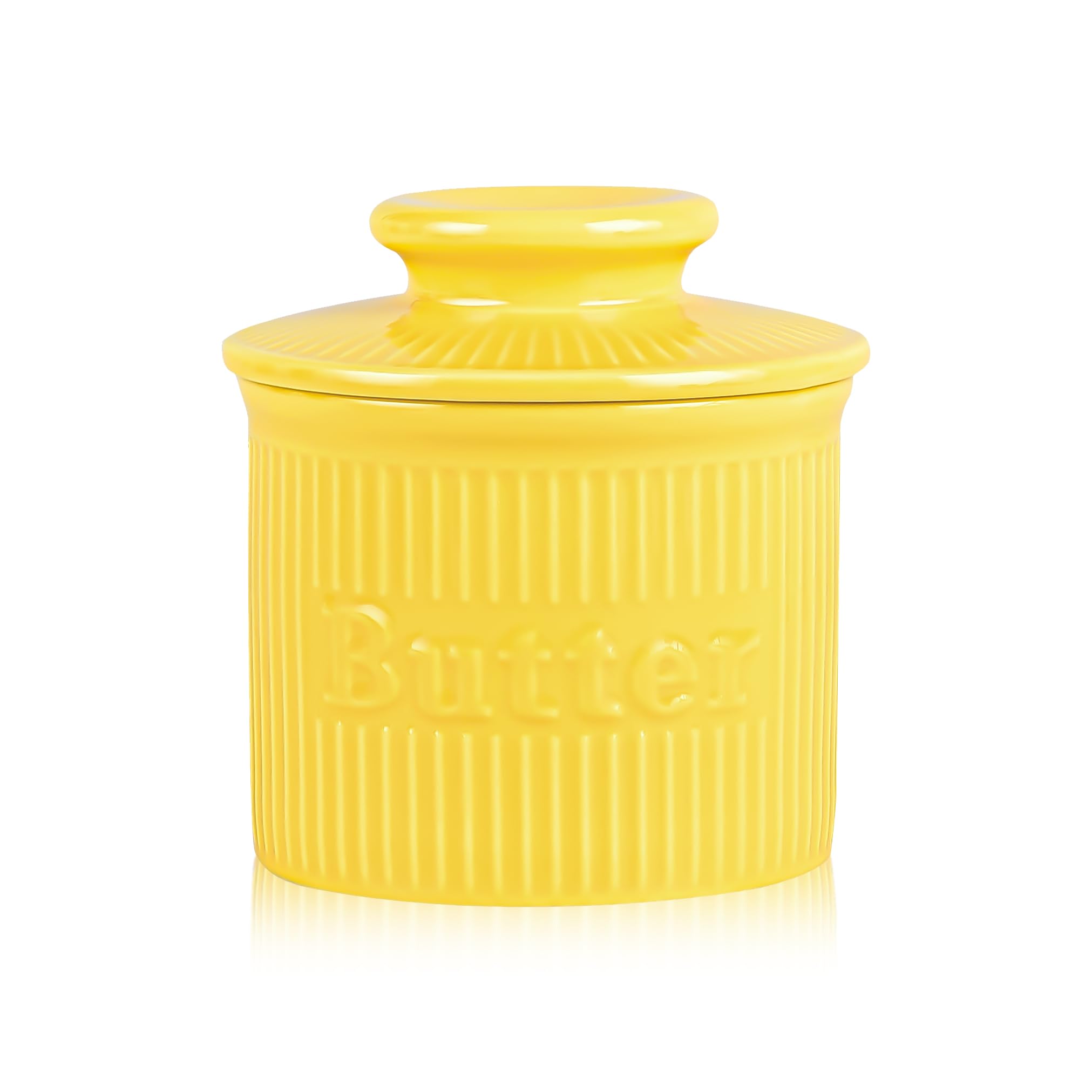 Gelber französischer Butterglocke mit Wasserlinie für Tisch und Tafelaufsätze, Porzellan Buttertopf, gestreift außen