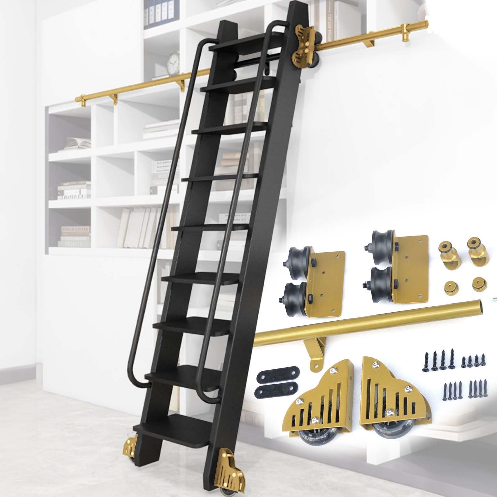 LWJSOCP Heavy-Duty Sliding Ladder Kit (No Ladder) - 3.3-24ft Adjustable Rolling Rail Track Hardware Gold Carbon Steel Slide Rails for Loft Stairs & Bookshelves Telescopic 4ft/122cm Track System