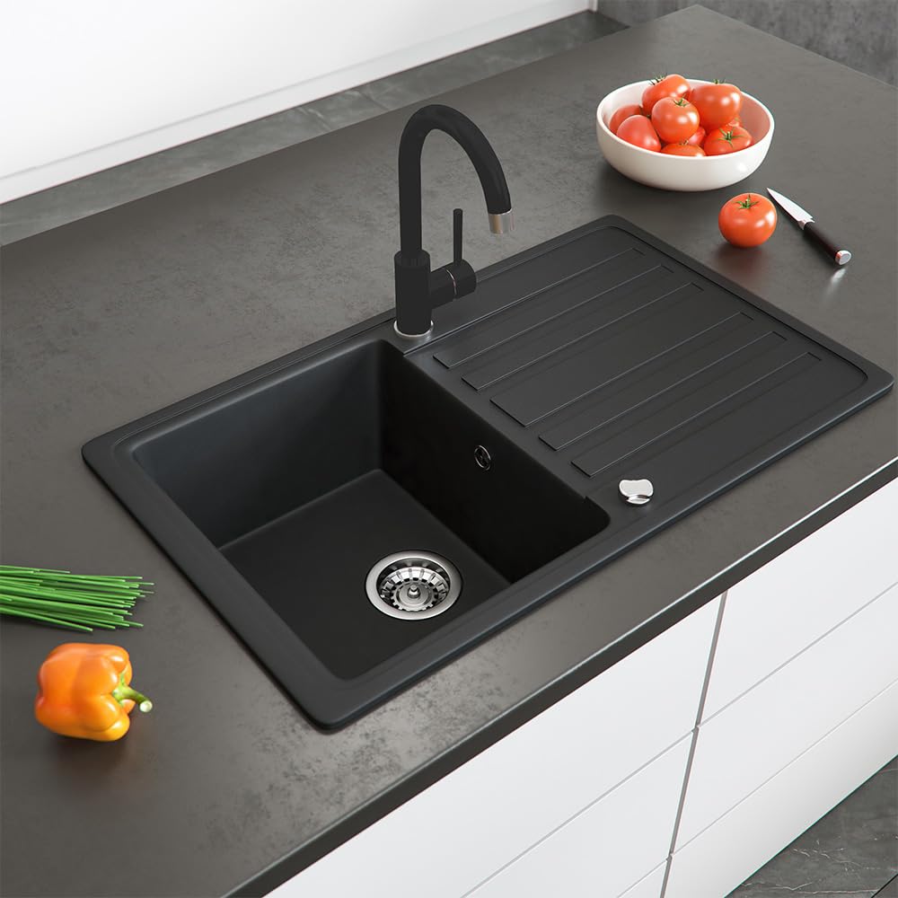 Bergström Lavello, Nero, 76.5 x 46 cm con raccordo nero, installabile su entrambi i lati con pratico gocciolatoio