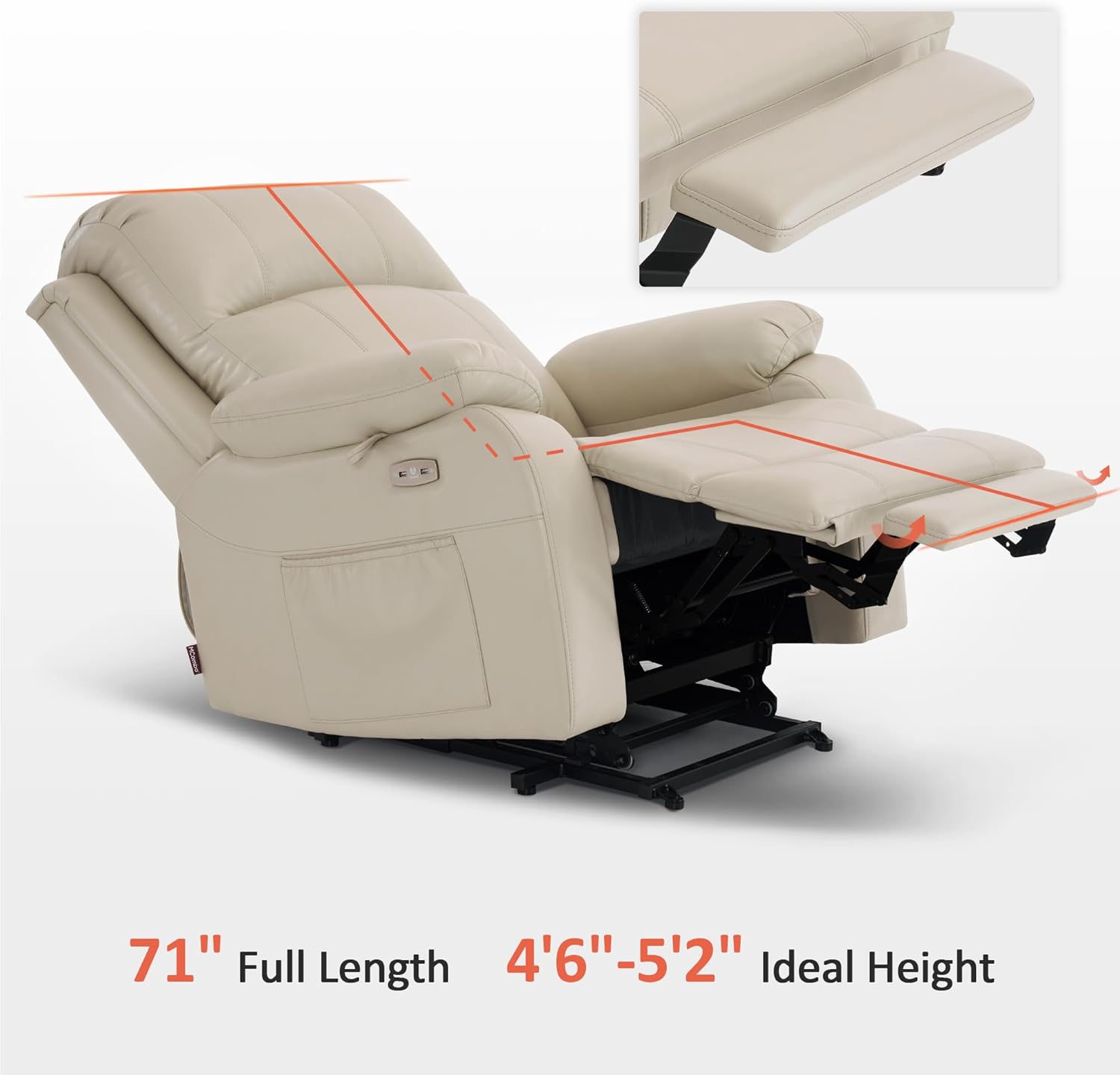 Recliner with full length and ideal height measurements