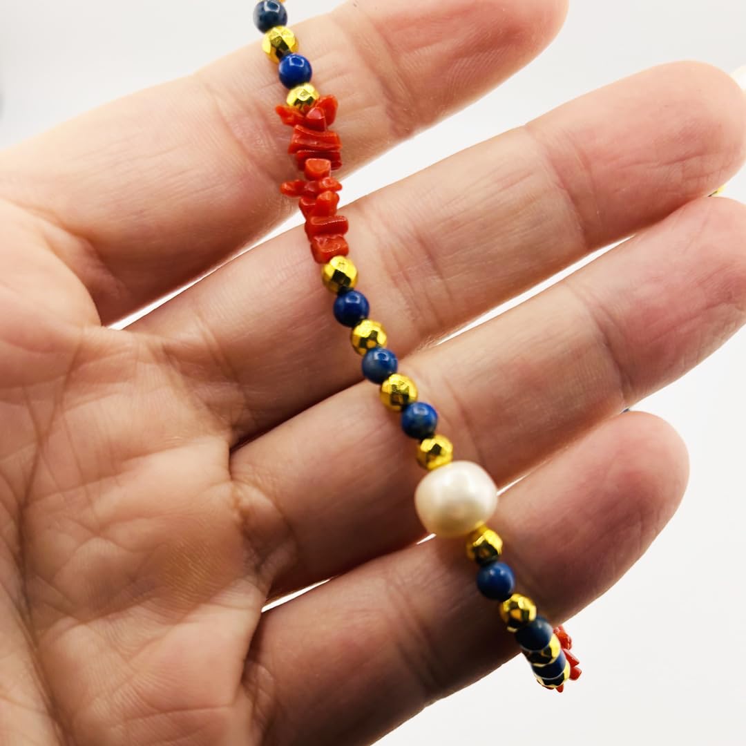 Generico Collana lunga sfere in giada blu cupolini in corallo rosso naturale del Mediterraneo ematite e perla naturali di acqua dolce gioiello artigianale da donna ragazza