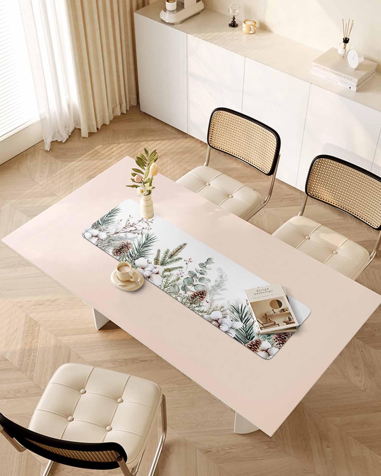 Debedcor Heat Proof Table Pads Waterproof Decorative, Christmas Snow Pine Non-Slip Table Countertop Protector, Winter Xmas Eucalyptus Leaves Insulation Mat for Kitchen Room, 40 x 12 Inches