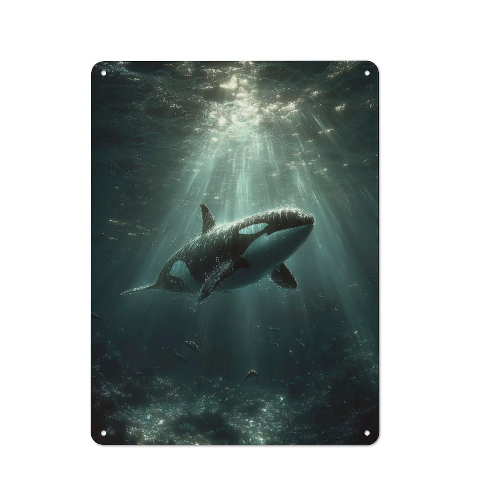 Junmoney Style-21 Tin Wall Plaque 40X30cm With Orca Whale Swimming Underwater With Sunbeams For Hallway Wall, Suited To Hallway Decor Lovers, For Retro Home Interiors
