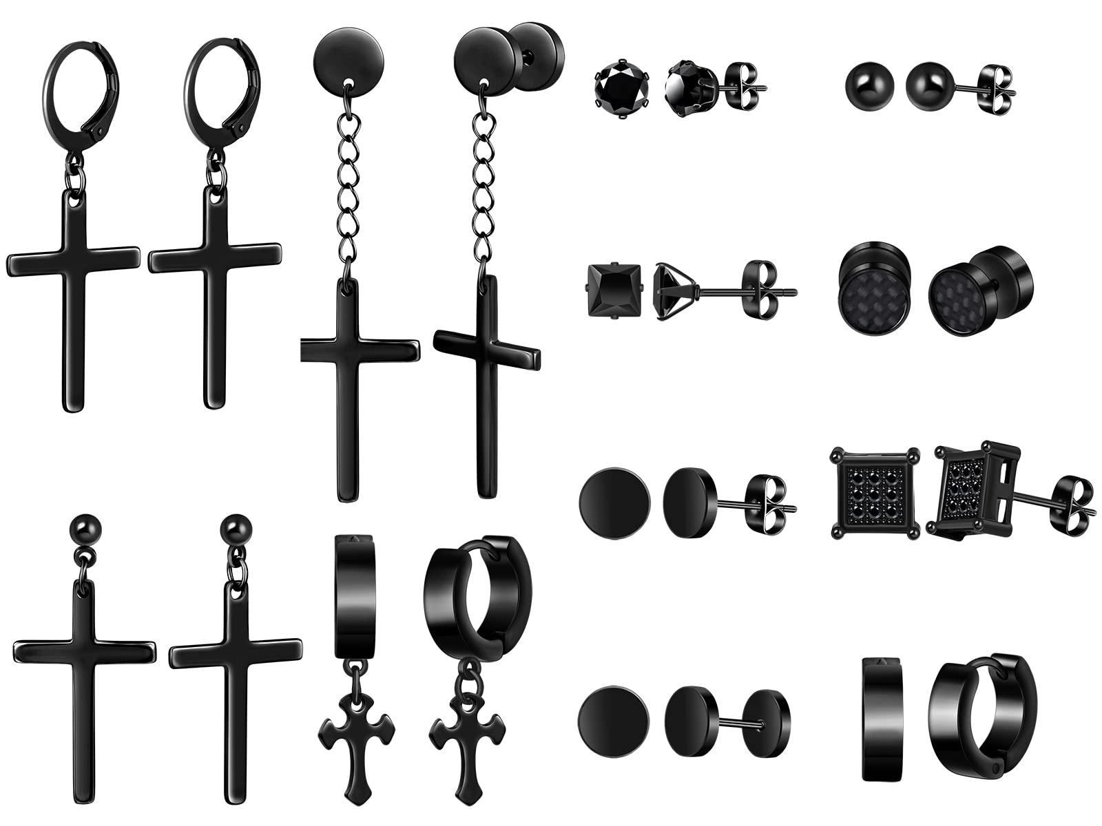 MicVivien12 Pairs Black Earrings Set Men Women Stainless Steel Cross Dangle Earrings Round Studs Faux Fake Gauges Earrings Huggie Hoop Piercing Earrings Jewelry Set