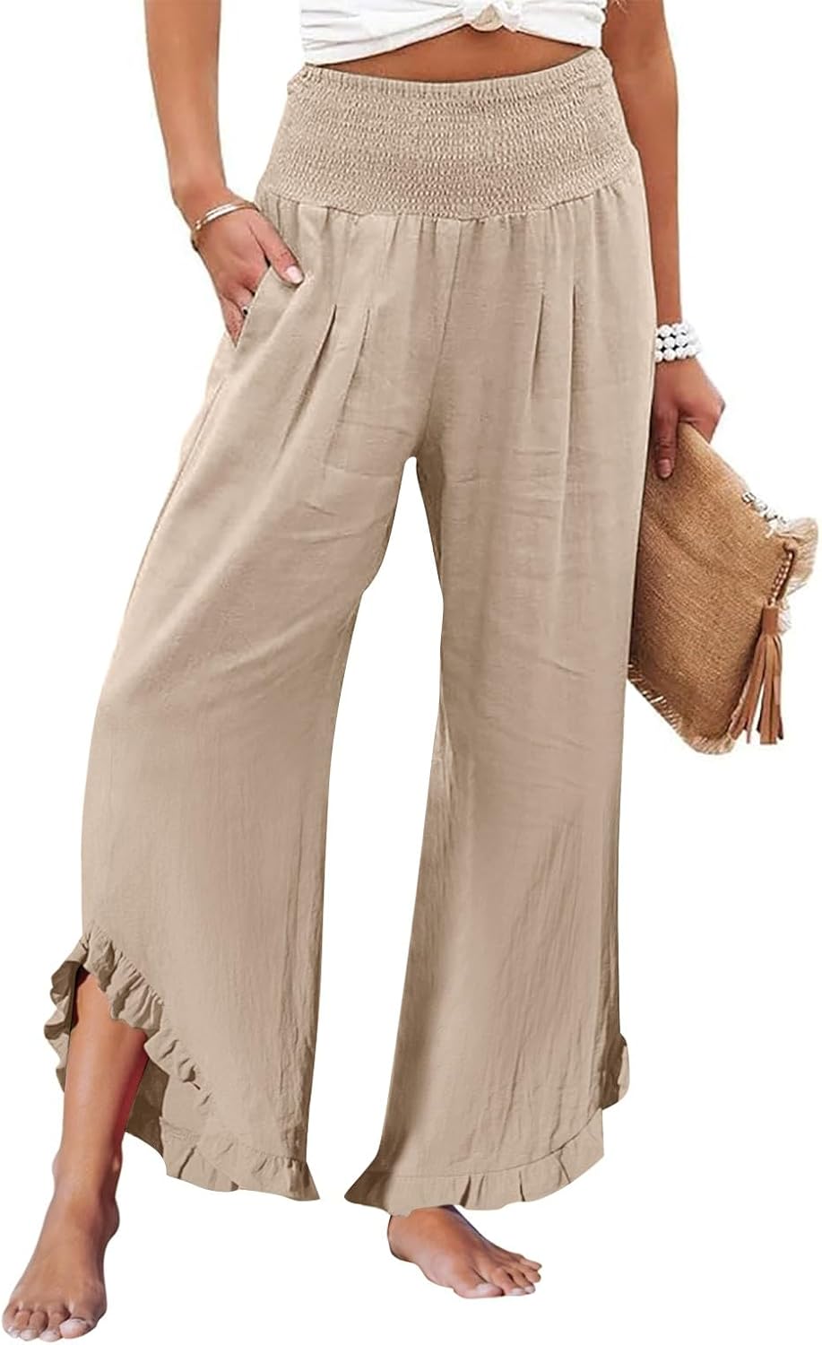 Linen Pants Women Smocked High Waisted Wide Leg Cropped Palazzo Pants with Pockets Cute Ruffle Boho Flowy Beach Pant - Image 2