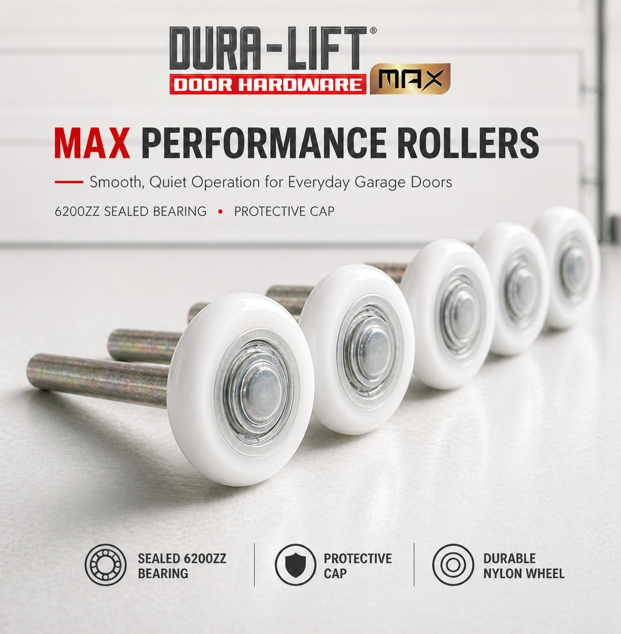 DURA-LIFT Ultra-Life MAX Rodillo de puerta de garaje de nailon sellado de 2 pulgadas 6200ZZ, vástago de 4 pulgadas, paquete de 10