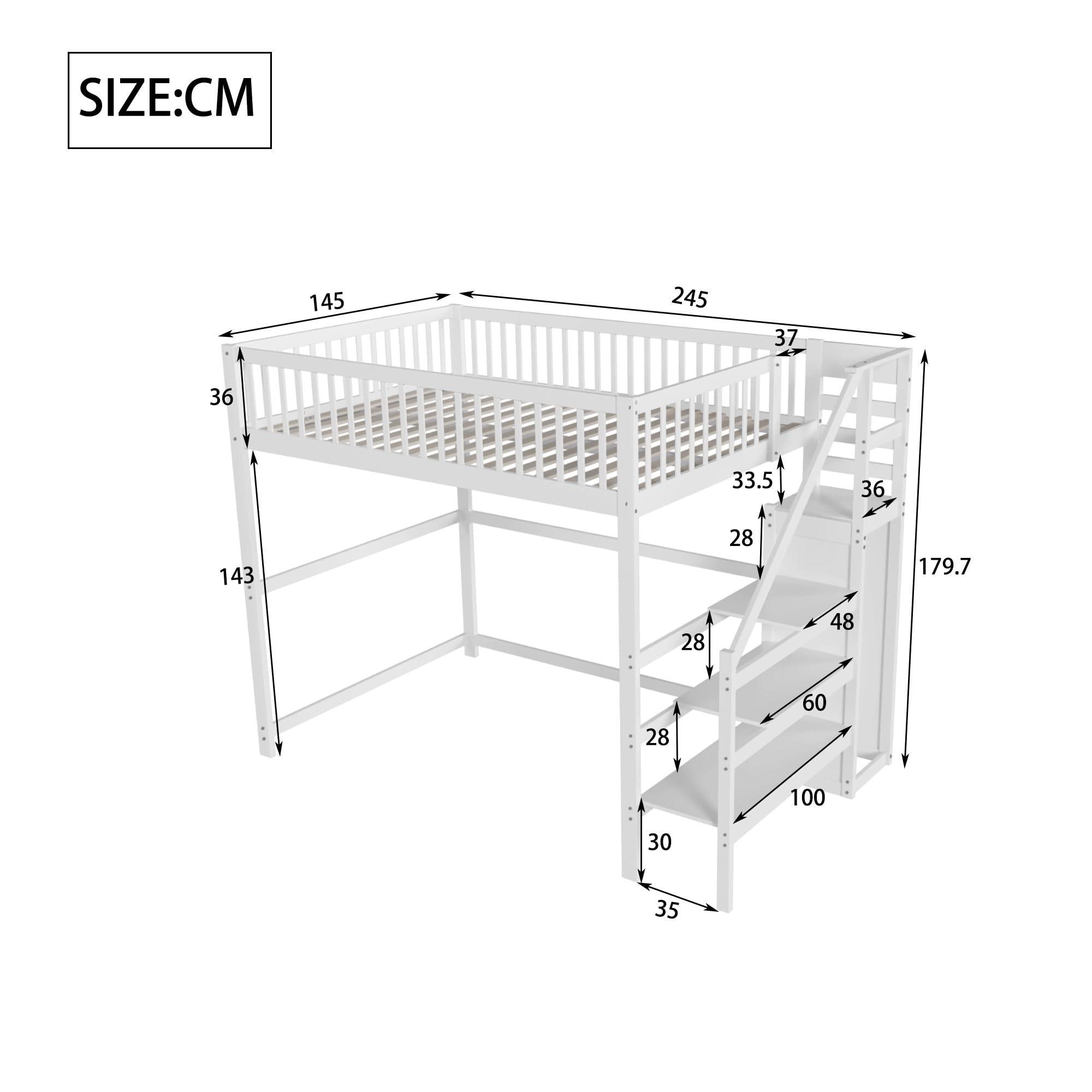 Azkoeesy Cama Alta Juvenil 140x200 cm en Madera de Pino Blanca, Escala Integrada Ahorra Espacio, Armario, Barandilla de Seguridad y Somier, para Niños y Adolescentes